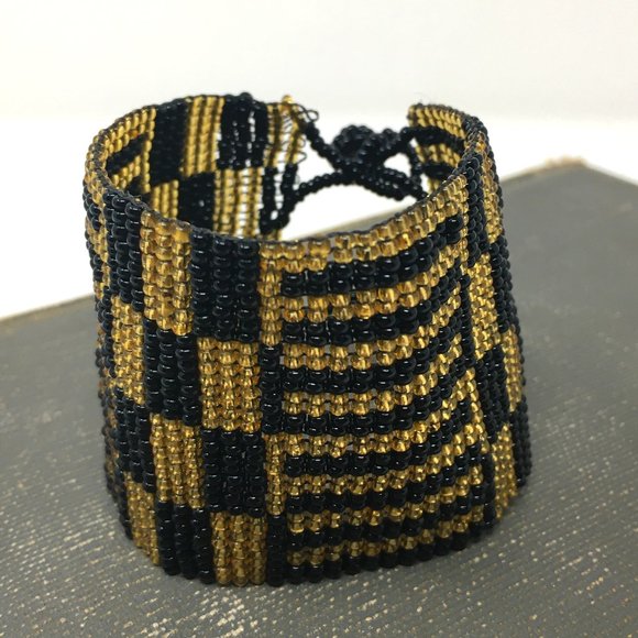 Art Deco Inspired Gold Black Wide Loom Woven Seed Bead Cuff Bracelet - Picture 10 of 16